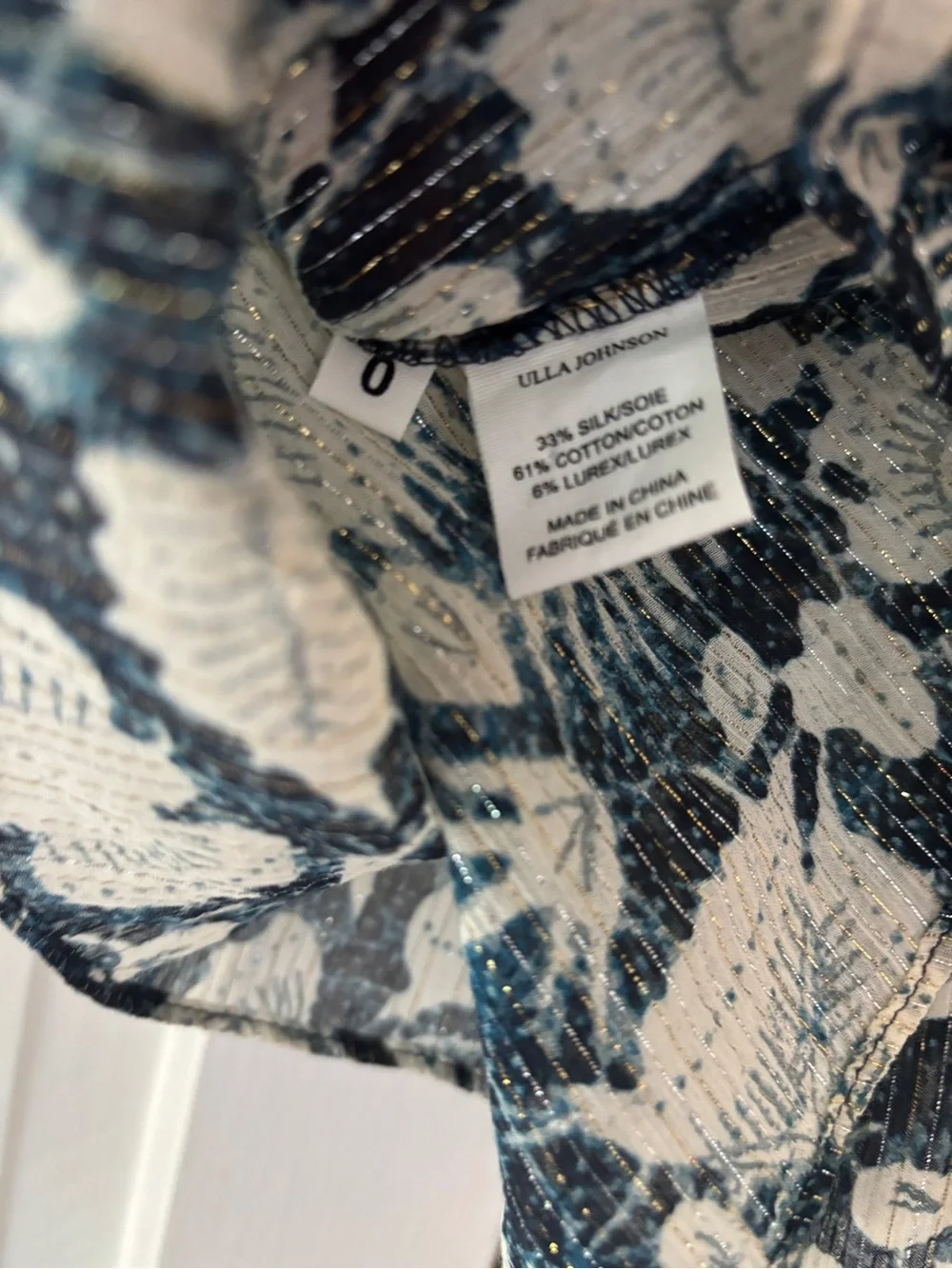 Ulla Johnson‎ Nova Top Indigo Batik Floral Metallic Puff Sleeve Blouse Size 0